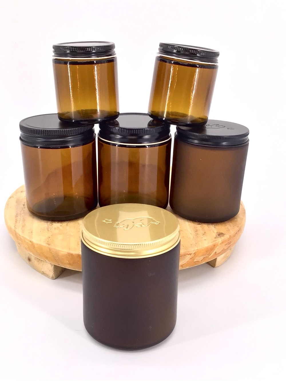 Amber Glass Candle Jars with Gold/Black Lid Large/Small Glass Bundle of Six